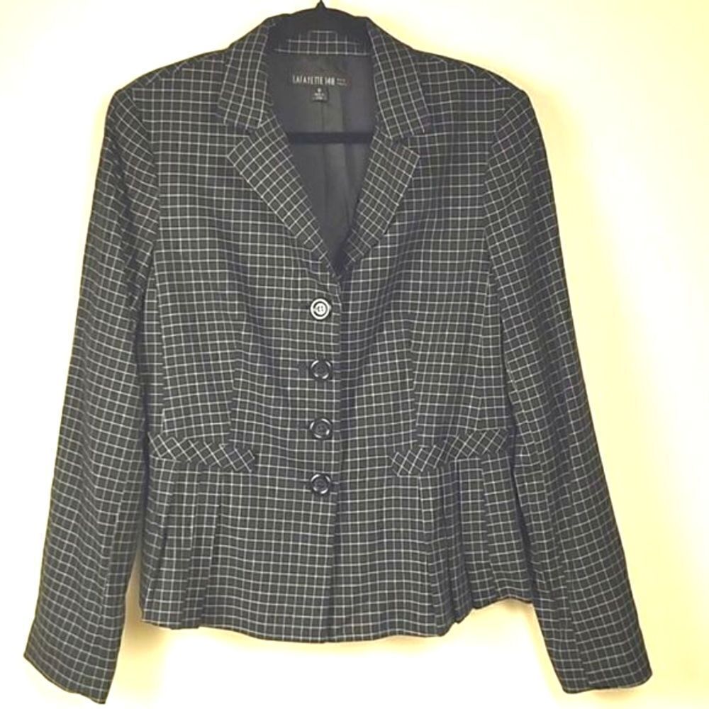 Lafayette 148 New York Windowpane Check 4 Button Pleated Blazer/Jacket Size 10